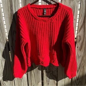 Ayla Ruby bright red chunky‎ knit crewneck sweater cropped size s small